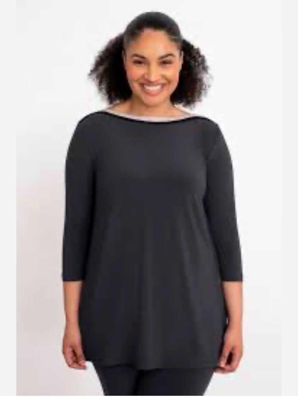 Sympli Underline Black Boatneck Tunic with grey neck trim and 3/4 Sleeve
